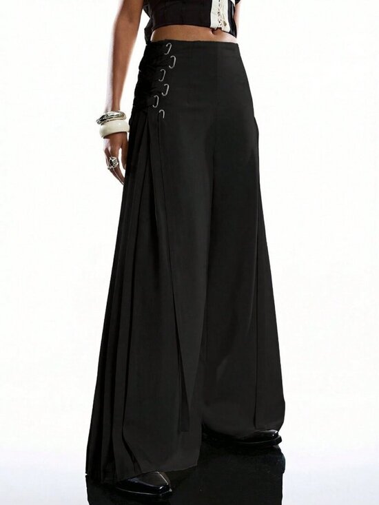 Pants - Black Women's Minimalist Casual lace up detailed pleated wide legged pants